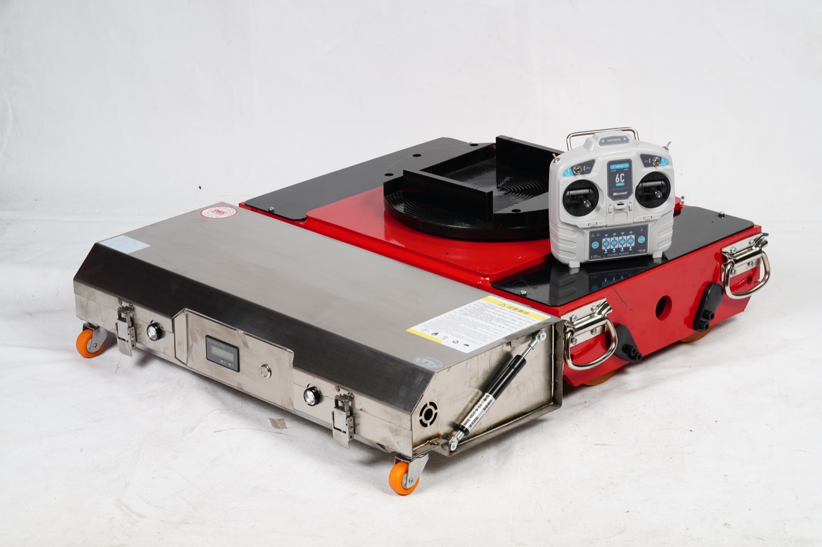 Shenghe AGV drive system — 48V BLDC motor + 2-stage planetary gearbox + matched BLD6010 controller + D003 wireless remote, integrated transfer cart application.